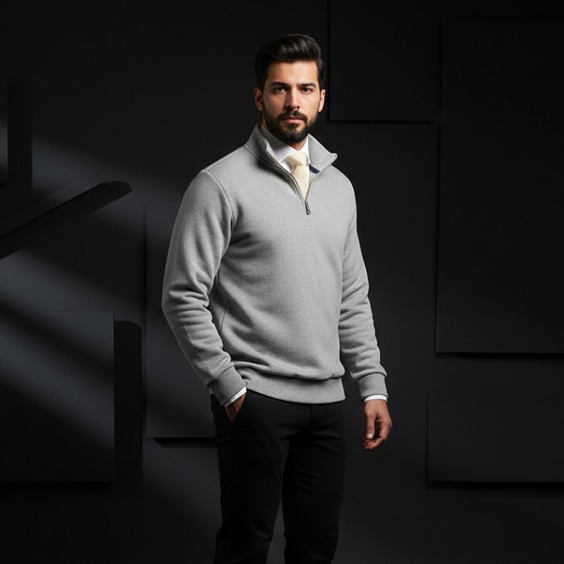 پکیج دورس مردانه نیم زیپ مدل Behbod-طوسی  پیراهن مردانه سفید VQ