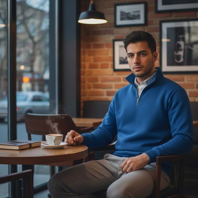 پکیج دورس مردانه نیم زیپ مدل Behbod-آبی  پیراهن مردانه سفید VQ